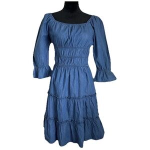 Speed Limit MPH Dress Womens S Blue Chambray Smocked Tiered Ruffle Boho Cottage